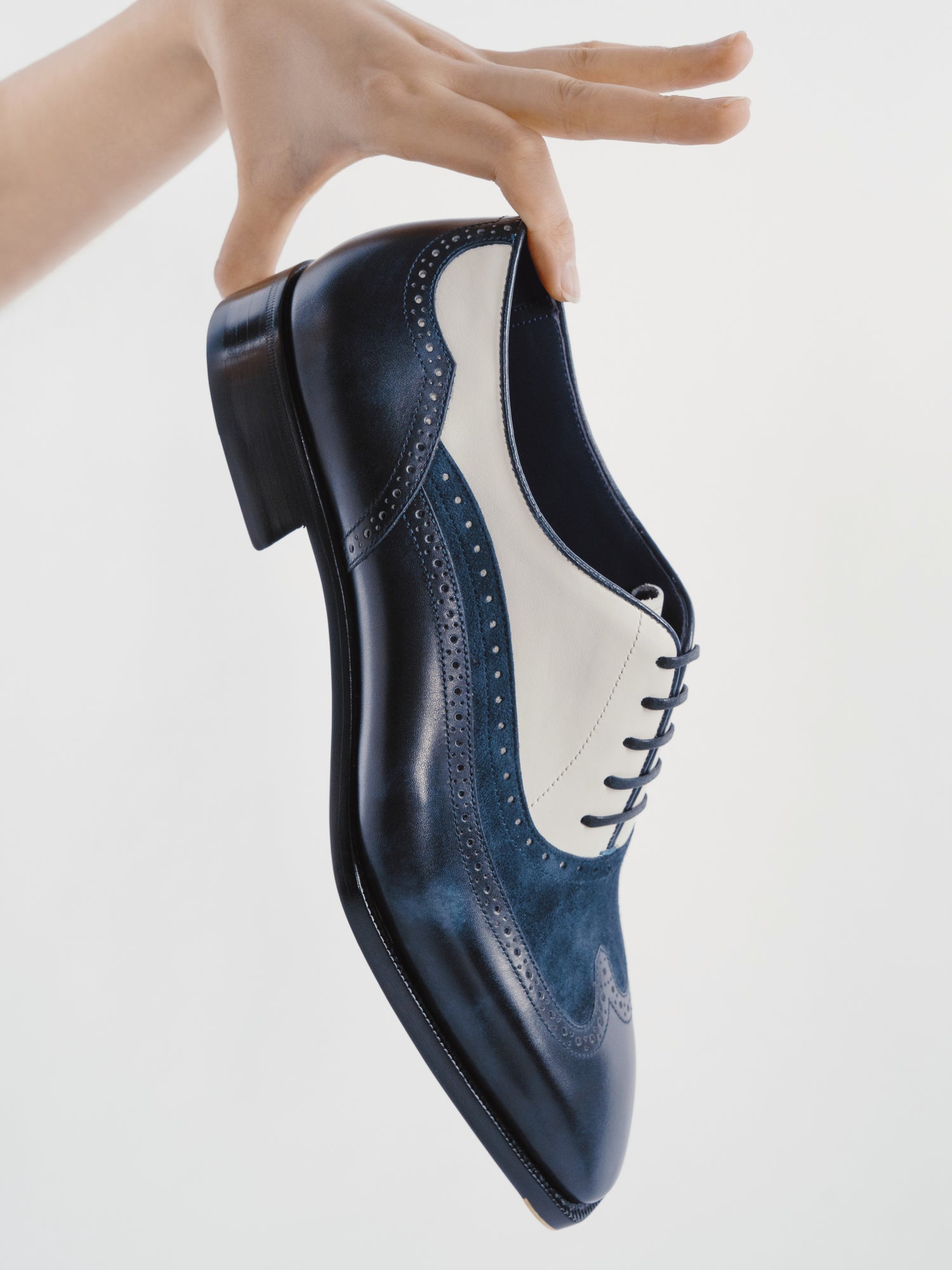 A hand holds a navy blue and white leather wingtip oxford shoe against a clean white background.