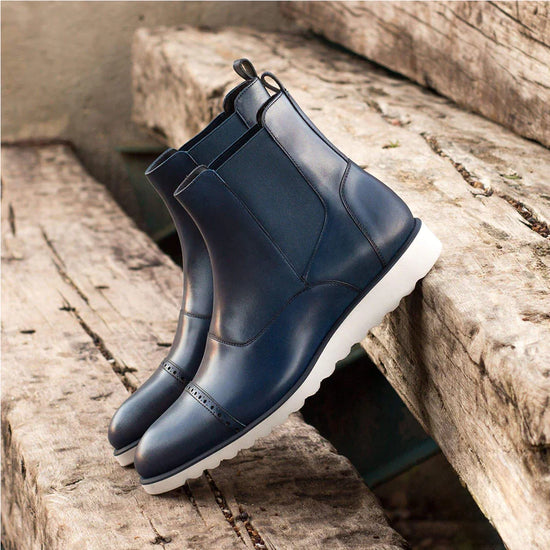 Blue Leather  Toe Cap Slip-On Chelsea Boots Sneakers Sole - Boots