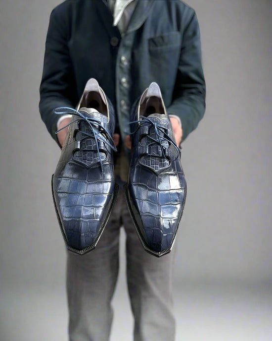 Navy Blue Alligator Leather Teruel Derby Shoes - Formal Shoes