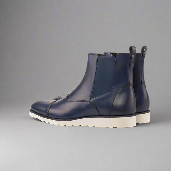 Blue Leather  Toe Cap Slip-On Chelsea Boots Sneakers Sole - Boots