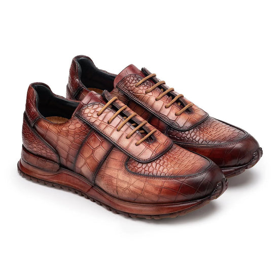 Brown  Alligator  Low Top Lace Up Running Chunky Trainer Sneakers With White Sole - Sneaker Shoes