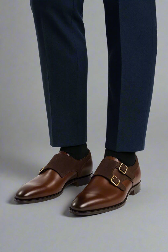 Brown And Brown Suede Leather Lysander Double Monk Strap Shoes - Formal Shoes - Monk Shoes