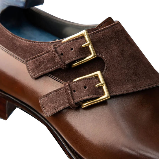 Brown And Brown Suede Leather Lysander Double Monk Strap Shoes - Formal Shoes - Monk Shoes