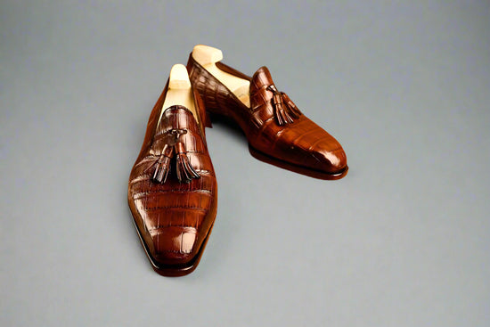 Brown Croc Leather Acton Slip On Tassel Loafers - Loafers Shoes