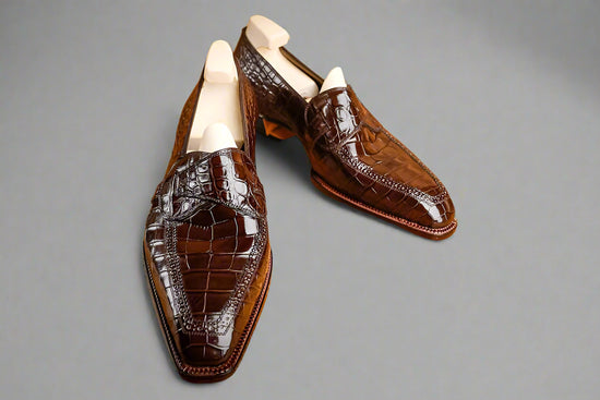 Brown Croc Leather Bespoke Hunter lbiza Slip On Cross Component Loafers - Loafers Shoes