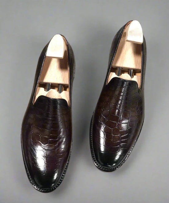 Brown Croc Print Leather Lugo Loafers - Loafers