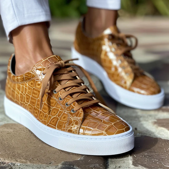 Brown Croc Print Leather Placido Lace Up With White Sole Sneakers - Sneakers