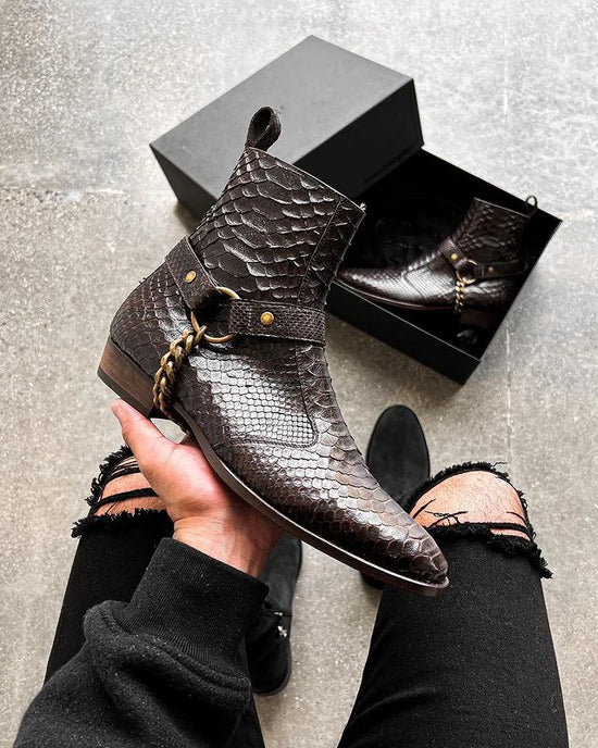 Brown Crocodile/Python Print Italian Leather Wanton Slip On Harness Chelsea Boots - Chelsea Boots