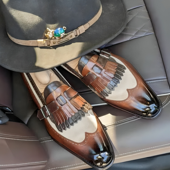 Brown Italian Leather And Beige Libraria Tassel Loafers With Monk Strap - Loafers Shoes