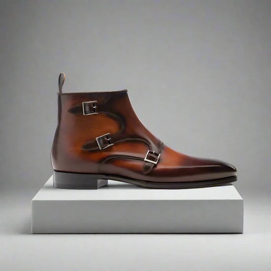 Brown Tan Italian Leather Triple Monkstrap Chelsea Boots Shoes With Zipper - Boots - Monk Shoes