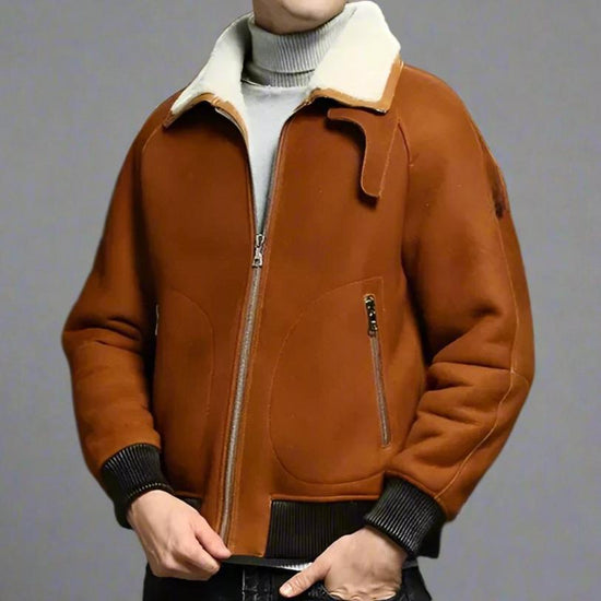 Brown Italian Leather Turn-Down Fur Collar Loose Bomber Jacket for Men - Leather Jackets