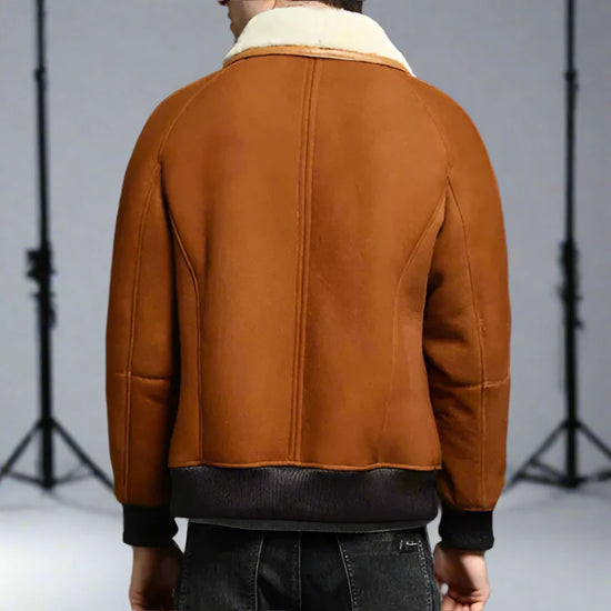 Brown Italian Leather Turn-Down Fur Collar Loose Bomber Jacket for Men - Leather Jackets