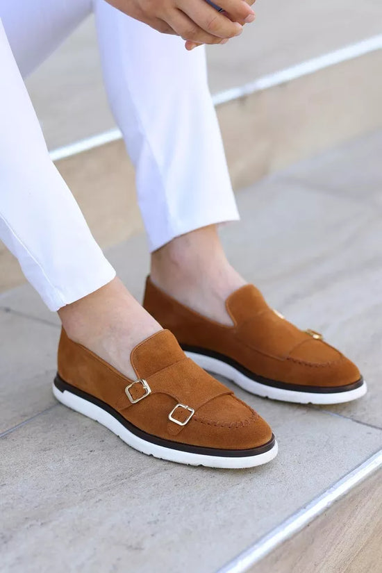 Brown Italian Suede Leather Double Monkstrap Shoes With Sneakers Sole - Leather Shoes