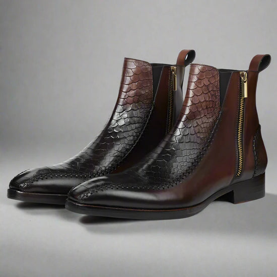 Brown Leather And Blackish Brown Croc  Draven Zipper Boots - Boots