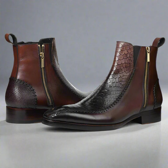 Brown Leather And Blackish Brown Croc  Draven Zipper Boots - Boots