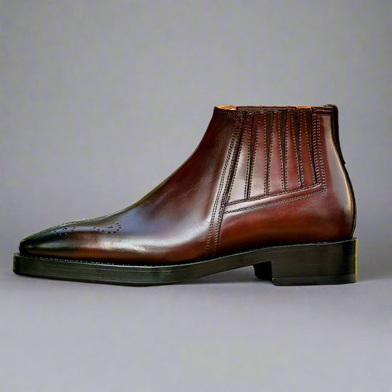 Brown Leather Gabrovo Chukka Midara Slip On Elasticated Boots With Brogue - Chukka Boots