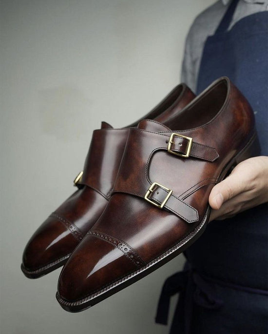 Brown Leather Lysander Toe Cap Monk Straps - Formal Shoes