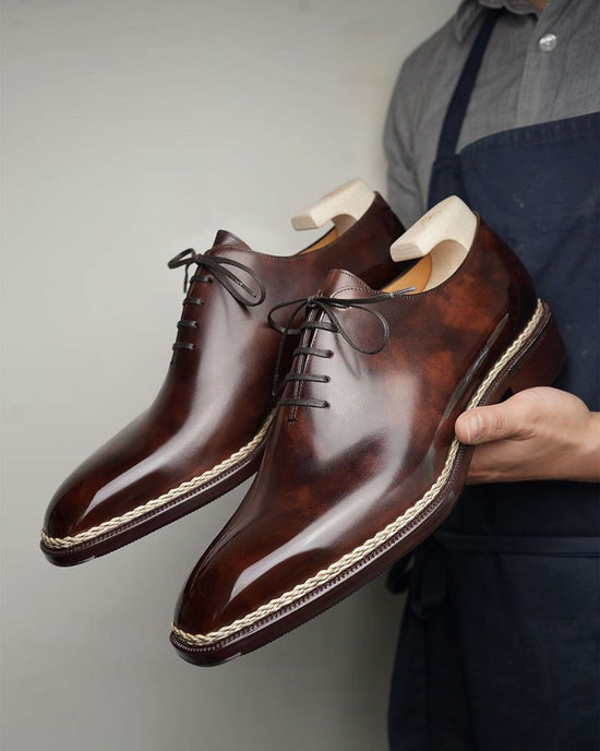 Brown Leather Mariselle Whole Cut White Stitched Oxfords - Formal Shoes