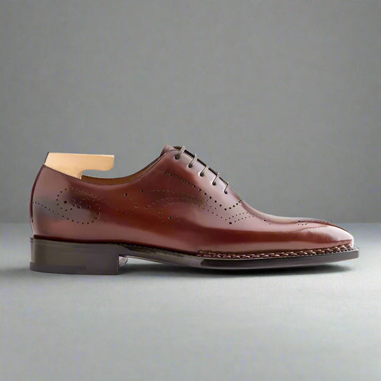 Brown leather dress shoe on a white background