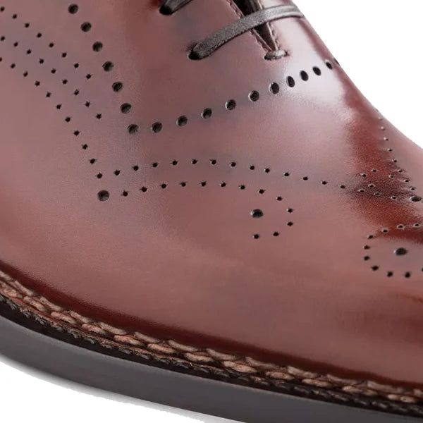 Close-up of a brown leather shoe with perforated design on a white background