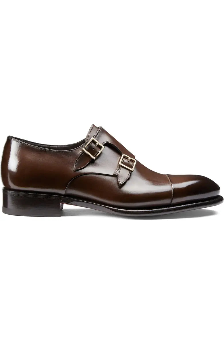 Brown Leather Soren Double Monk Strap Toe Cap Shoes Monk Shoes