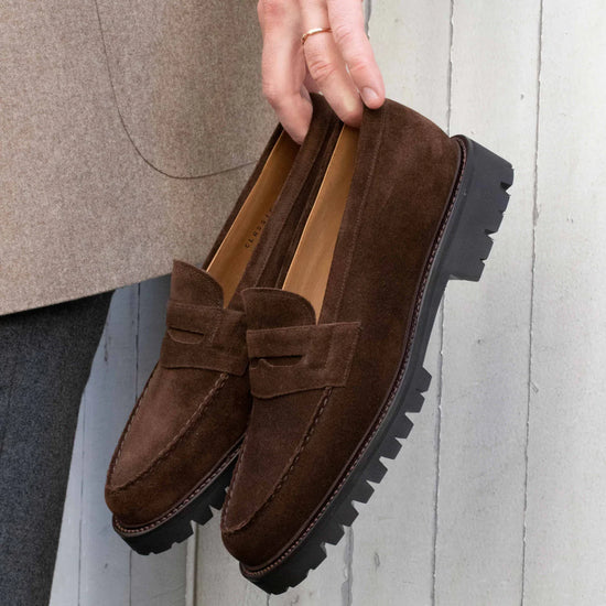 Brown Suede Belize Chunky Penny Loafers - With Track Soles - Loafers Shoes