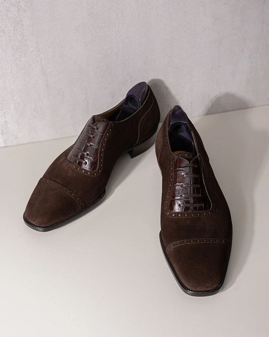 Brown Suede Leather Cedara Brogue Toe Cap Oxfords - Formal Shoes