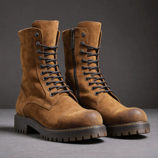 Brown Suede Leather Oriella Lace Up Chunky Derby Boots with Zipper and Track Sole - Hiking and Trekking Boots