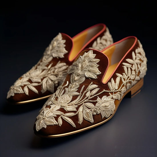 Brown Velvet Hand Work Zardozi Peshawari Loafers | Wedding Shoes for Groom | Shoes for Haldi Mehendi Sangeet