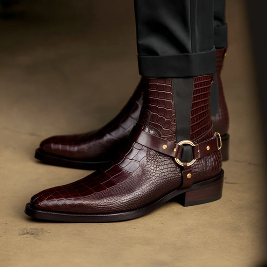 Burgundy Brown Crocodile Print Leather Danton Slip On Harness Chelsea Boots for Men -Boots