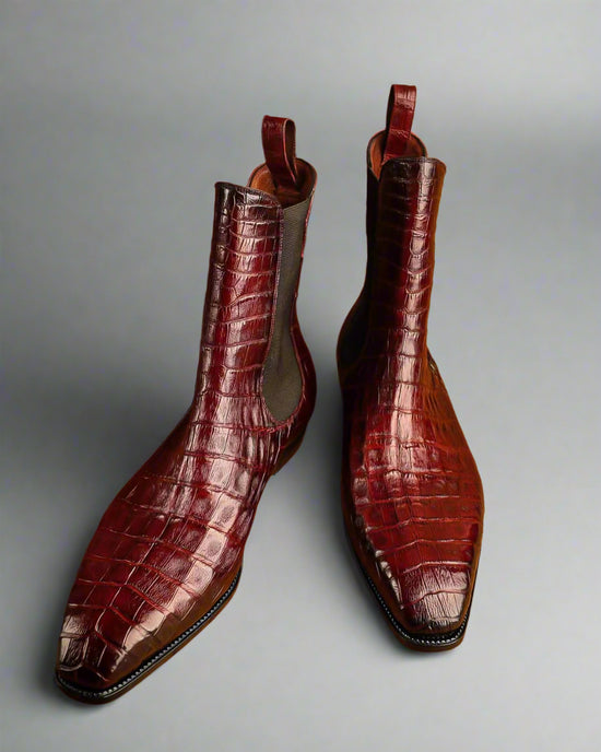Burgundy Croc Leather Slip On Chelsea Boots - Boots