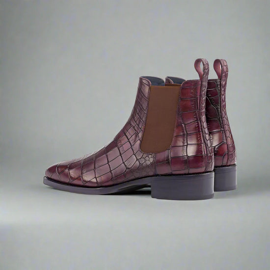 Burgundy Croc Print Leather Amarante Slip On Boots - Boots