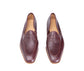 A pair of burgundy leather penny loafers with a pointed toe, shown from a top-down view on a white background.