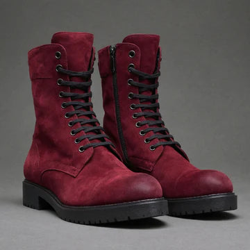 Burgundy Suede Leather Oriella Lace Up Chunky Derby Boots with Zipper and Track Sole - Hiking and Trekking Boots