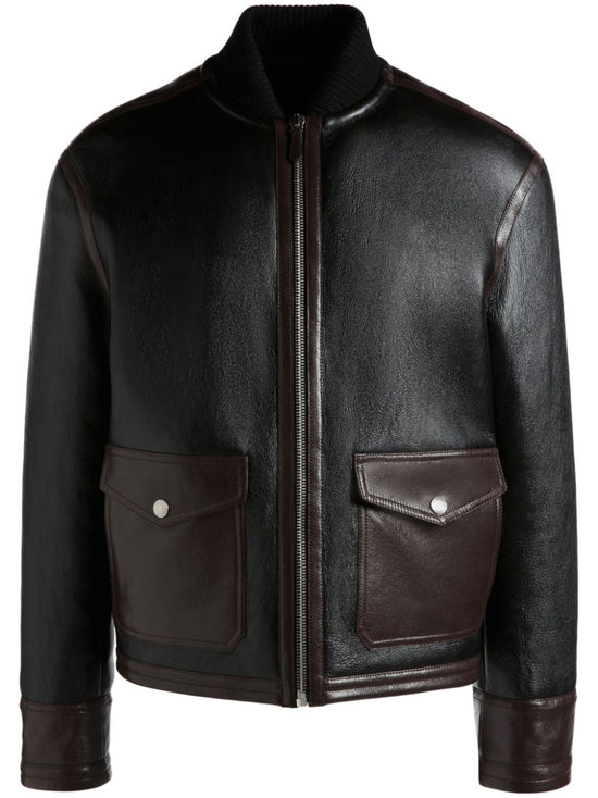 Contrasting-trim Black Leather Bomber Jacket - Leather Jackets