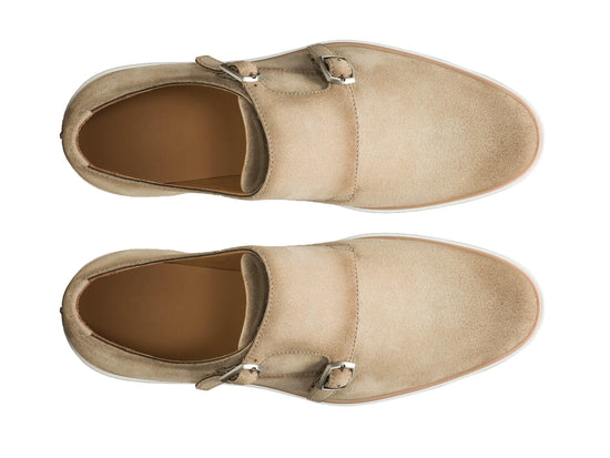 Cream Italian Suede Leather Double Monkstrap Shoes With Sneakers Sole  - Leather Shoes