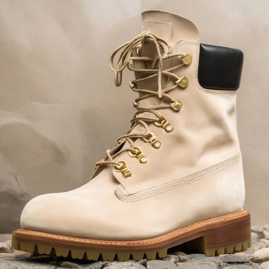 Cream Suede Italian Leather Appoggio Ankle Rugged Lace Up Combat Hiking Boots with Chunky Track Sole - Boots