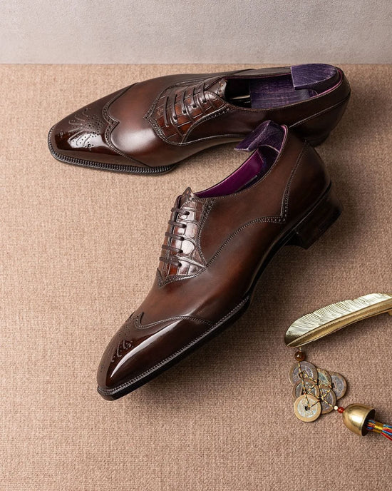 Dark Brown Leather Wingtip Oxfords Lace Up Formals - Formal Shoes