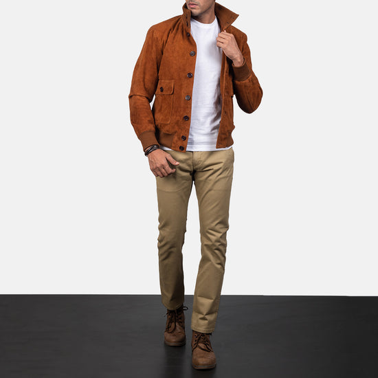 Eaton Brown Suede Leather Bomber Jacket - Leather Jacket