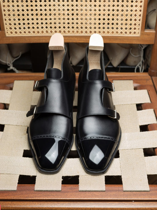 Black Leather Lysander Toe Cap Monk Strap Chukka Boots Shoes - Monk Shoes