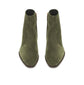 A pair of olive green suede ankle boots with pointed toes and side zippers, shown from a top-down view on a white background.