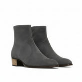 Pair of gray ankle boots on a white background