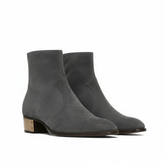 Pair of gray ankle boots on a white background