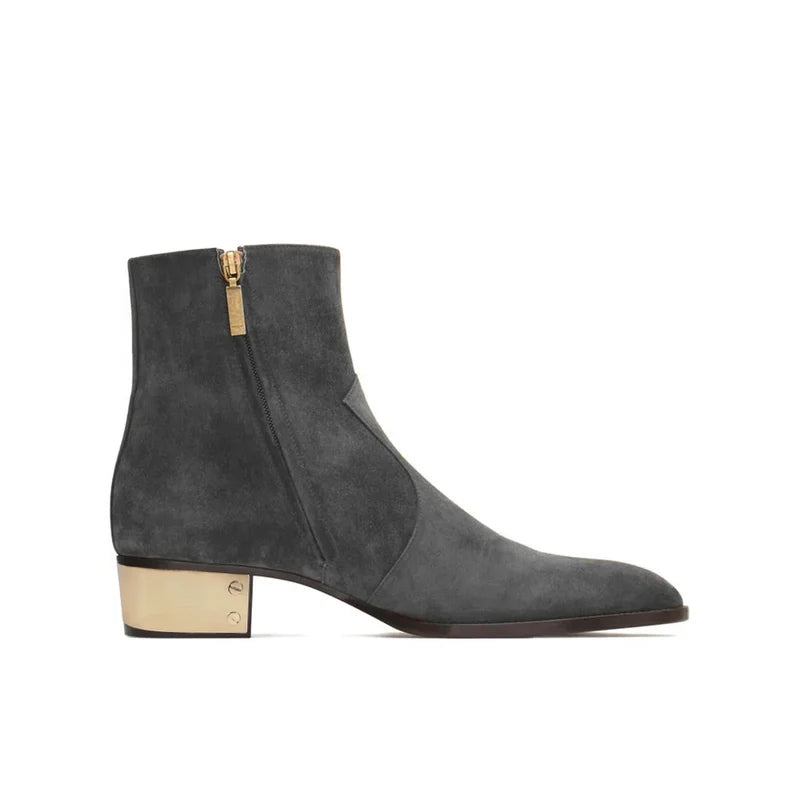 Gray ankle boot with gold zipper on a white background