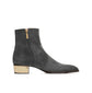 Gray ankle boot with gold zipper on a white background