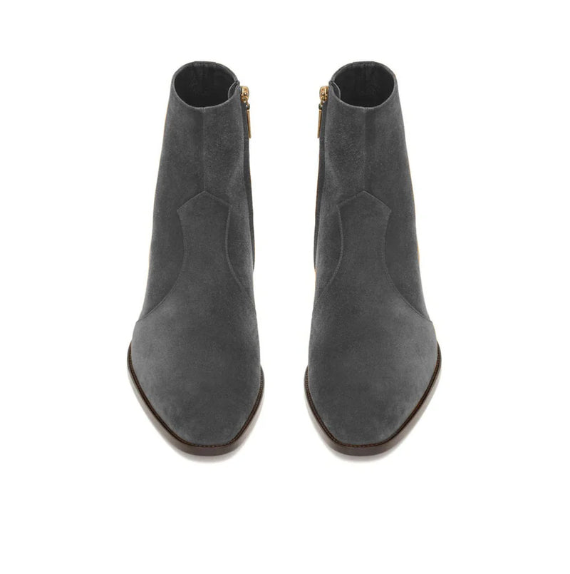 A pair of dark gray suede ankle boots with pointed toes and side zippers, shown from a top-down view on a white background.