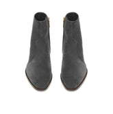 A pair of dark gray suede ankle boots with pointed toes and side zippers, shown from a top-down view on a white background.