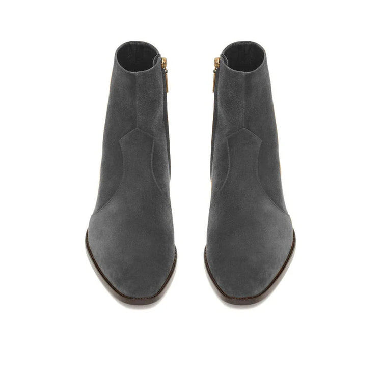 A pair of dark gray suede ankle boots with pointed toes and side zippers, shown from a top-down view on a white background.