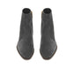 A pair of dark gray suede ankle boots with pointed toes and side zippers, shown from a top-down view on a white background.