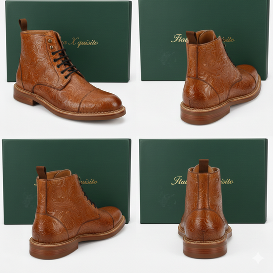 Tan Leather Embossed Toe Cap Lace Up Boots Flooral Edition - Boots